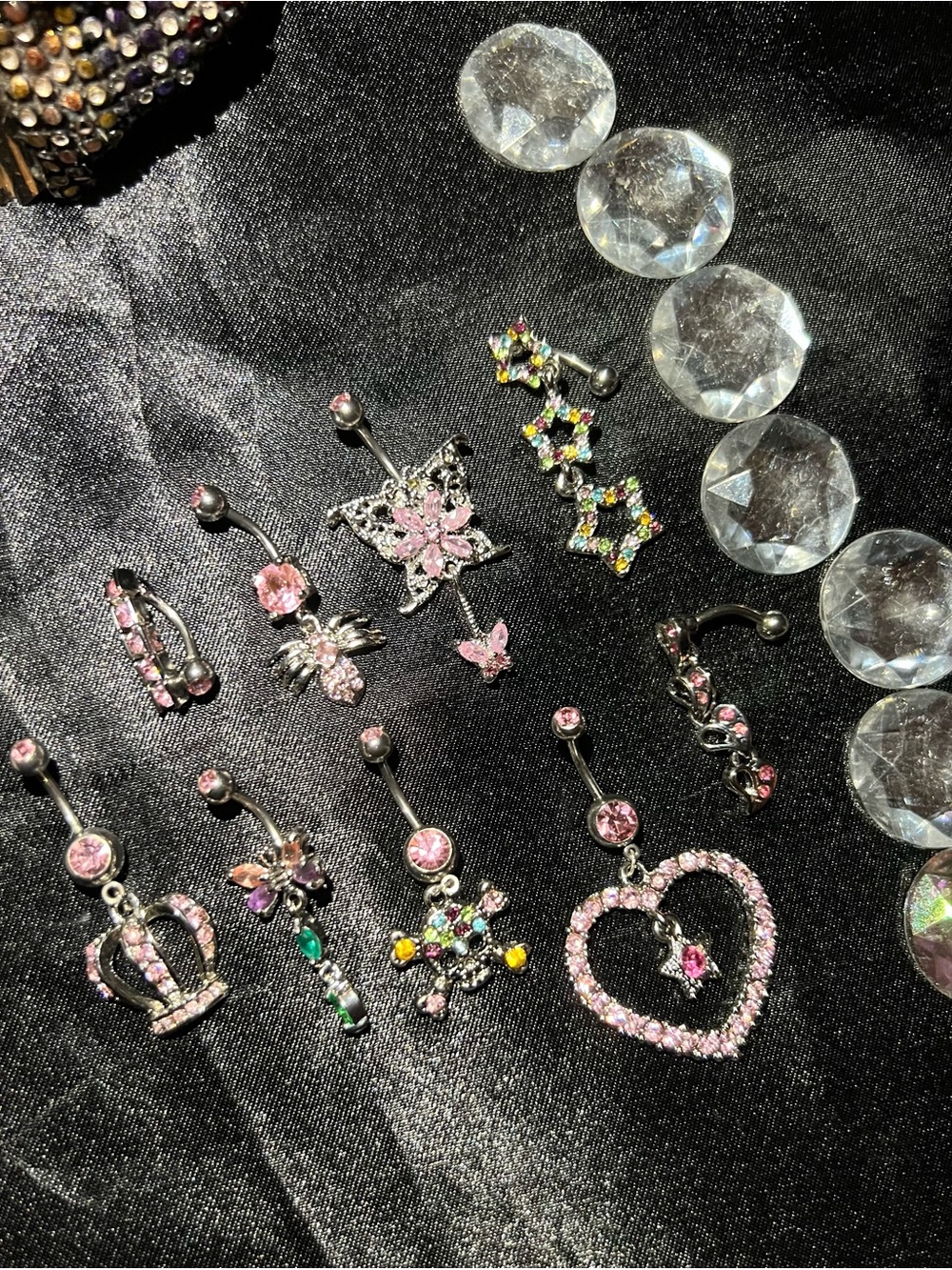 9 Piece Pink Crystal Belly Button Rings - Cute Flower, Heart & Crown Set